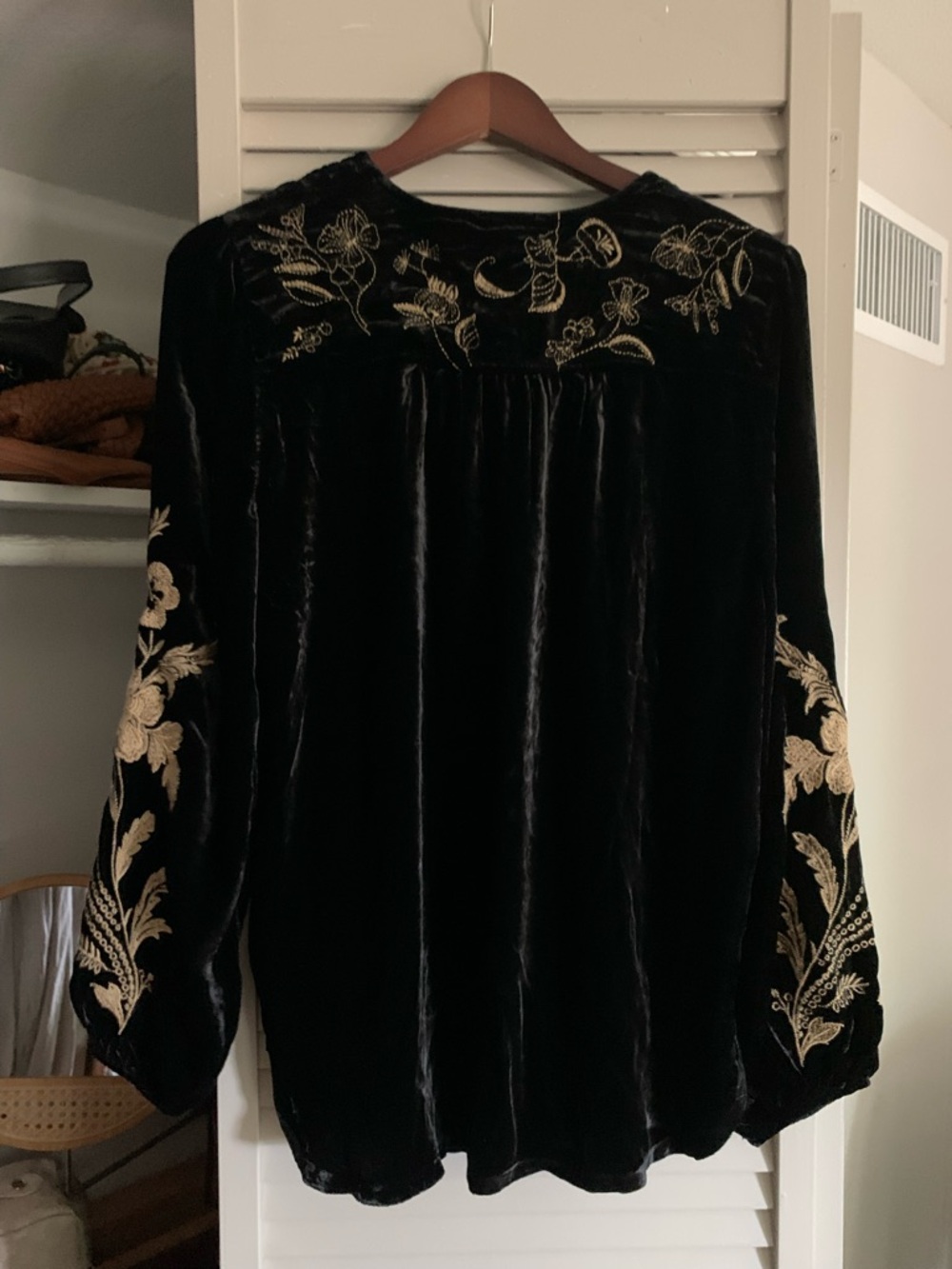 Johnny Was Black Velvet Blouse with Gold Floral Embroidery